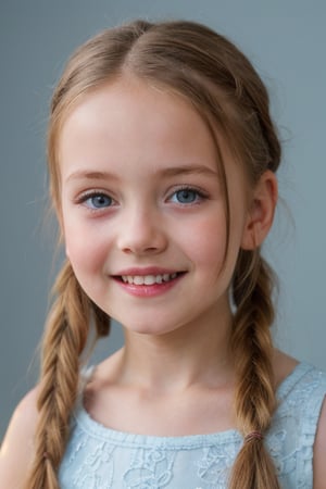 (8k, masterpiece, best quality, high res), little girl, long hair, ((hair pulled back hairstyles)), pale blue eyes, , brown hair with blue steaks,  smile,(closed mouth:1.2) , delicate eyes, delicate face, hair accessories,focus, portrait, 7-year-old-tween