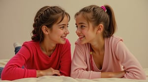 Two tween girls in a childish alluring style love each other's company.