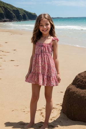 "A lively tween girl is having a fun day on a sunny beach. As she builds sandcastles, splashes in the waves and sunbathes, her colorful mini dress can easily shift, revealing a bit of her underwear or a glimpse of her developing figure as the strap of her mini dress slips down. Emily's boundless energy and joy for beach activities make her a charming presence."