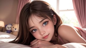 A serene photorealistic image captures the tender moment of a tween girl lounging on a luxurious bed. Soft sunlight filters through open curtains, casting a warm glow on her angelic face, with gentle waves of light brown hair framing her features. Vibrant blue eyes sparkle with playful mischief from color contact lenses. She cradles an adorable fluffy teddy bear as she gazes directly at the viewer, her smile and innocent skin radiating purity of spirit. Pastel- patterned bedding and love hearts on the walls add to the dreamy atmosphere, emphasizing her youthful charm and beauty.