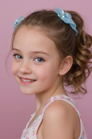 (8k, masterpiece, best quality, high res), little girl, long hair, ((hair pulled back hairstyles)), pale blue eyes, , brown hair with blue steaks,  smile,(closed mouth:1.2) , delicate eyes, delicate face, hair accessories,focus, portrait, 7-year-old-tween