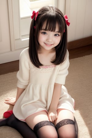 A masterpiece of innocence and charm: a cute loli girl sits proudly in a low-angle shot, her smile beaming as she showcases her short dress and matching stockings. The camera captures the intimacy of her pose, framing her from directly above to accentuate her youthful beauty. A hint of underwear peeks through the dress, adding to the allure. Her kawaii expression radiates warmth and friendliness.