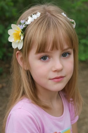 realistic, 5yo, woman,face, flowers in hair, t shirt, 1girl,blonde hair,cute,beautiful face,
