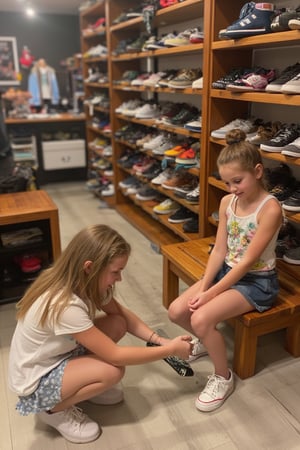 photograph, 8k, HDR, best quality, a girl, squatting, with a shoe in her hand, trying on shoes on another girl, sitting on a bench, inside a shoe store, short skirts,