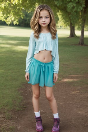 Full-body view of a beautiful-eyed, tween girl with a well-formed hot body, 100 times prettier tween girl. Hot childish outdoor unique one-of-a-kind style Fashion wear. Simple background, plenty of skin on show, sexy pose. SFW.