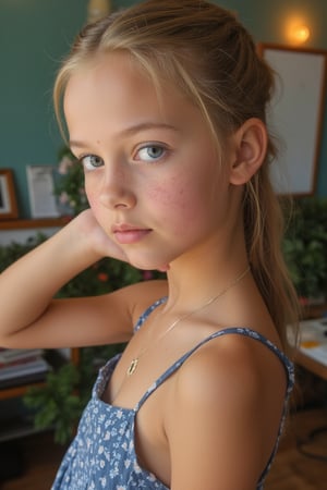 masterpiece portrait, Hyperrealistic, stunning beauty, high detail, cinematic photo Medium format photography, Anime tween girl digital artwork, A tween girl in her 12s, looking at the camera, she has freckles, blue eyes, she has Lush blonde hair,, wearing a mini dress, ponytail, highly detailed, best quality, 8k uhd, Nikon 70d, ISO200, F/2.8, 1/25sec, 70mm . 35mm photograph, film, bokeh, professional, 4k, highly detailed