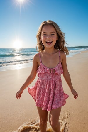 "A lively tween girl is having a fun day on a sunny beach. As she builds sandcastles, splashes in the waves and sunbathes, her colorful mini dress can easily shift, revealing a bit of her underwear or a glimpse of her developing figure as the strap of her mini dress slips down. Emily's boundless energy and joy for beach activities make her a charming presence."