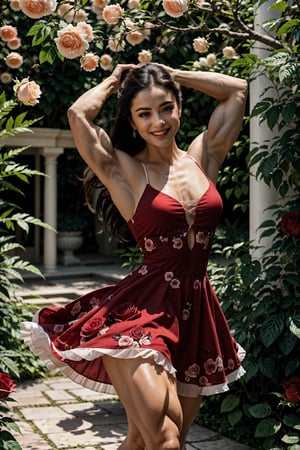 A vibrant image of a muscular woman gracefully dancing in a lush garden filled with blooming roses. The scene captures her in mid-twirl, her dress flowing with the motion, under a soft, warm sunlight that highlights the vibrant red petals and her joyful expression. Her big muscles are bulging, and you can clearly see them through the dress. The composition frames her amidst the dense floral backdrop, emphasizing the harmony between her lively dance and the serene, natural beauty of the roses.