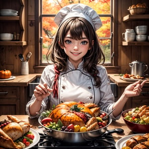 High quality digital artwork, thanksgiving theme. Scene that captures the essence of the holiday, adorable and whimsical. Endearing characters engaged in humorous and heartwarming thanksgiving activities, cute turkey wearing a chef's hat, playfully interacting with charming autumn-themed elements. Warm and vibrant colors to evoke the festive spirit. Drawing art style, funny and very cute visual appeal. Excellent resolution, high quality of professional-grade digital art.,Kokomi,Hori
