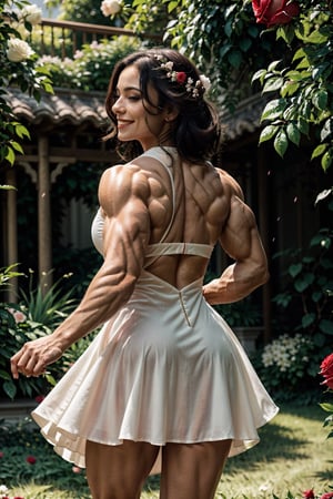 A vibrant image of a muscular woman gracefully dancing in a lush garden filled with blooming roses. The scene captures her in mid-twirl, her dress flowing with the motion, under a soft, warm sunlight that highlights the vibrant red petals and her joyful expression. Her big muscles are bulging, and you can clearly see them through the dress. Photo from behind. The composition frames her amidst the dense floral backdrop, emphasizing the harmony between her lively dance and the serene, natural beauty of the roses.