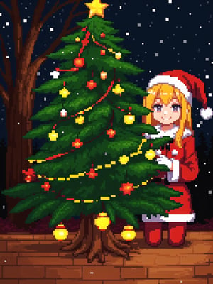 best quality, masterpiece, christmas tree, night, lights, 1girl, santa costume, smile, close up