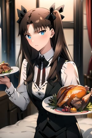 masterpiece, brown hair, two side up, blue_eyes, butler carries a plate of Thanksgiving turkey,tohsaka rin