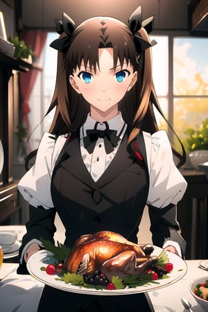 masterpiece, brown hair, two side up, blue_eyes, butler carries a plate of Thanksgiving turkey,tohsaka rin, (little smile:0.75)