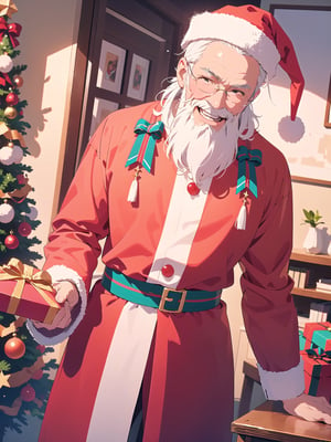 ((masterpiece)), best quality,  santa, santa costume, holding gift, old, white beard, smile, christmas decorations