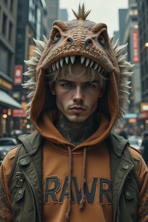 
Here’s the refined prompt with the T-rex part of the hoodie looking like a plush toy:

"A cinematic scene of a young man in his 20s with blonde hair, blue eyes, stubble, and visible tattoos standing in the middle of a bustling city street. He is wearing a playful hoodie with a hood designed to resemble a soft, plush T-rex head, complete with cute, rounded teeth and soft spines along the top, giving it a toy-like, non-threatening appearance. The word 'RAWR' is written prominently on the front of the hoodie in a fun font. The busy urban street is filled with cars, pedestrians, and tall buildings. Dramatic lighting emphasizes the man’s intense expression, his stubble, and the detailed tattoos on his neck and hands, creating a contrast between his rugged look and the playful, plush design of the T-rex hoodie."