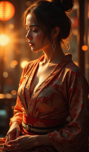 A tranquil Japanese woman, adorned in a stunning kimono, slowly unwinds, revealing tantalizing glimpses of her toned physique. Her delicate features and soft shoulders are bathed in warm, golden light as she hesitantly reveals herself. The 8K Raw image captures every nuance: the gentle curve of her belly button (1.2 cm), the intricate folds of the kimono, and the subtle vulnerability on her face. Framing showcases her profile, with soft focus on the surrounding environment, emphasizing her intimate atmosphere.