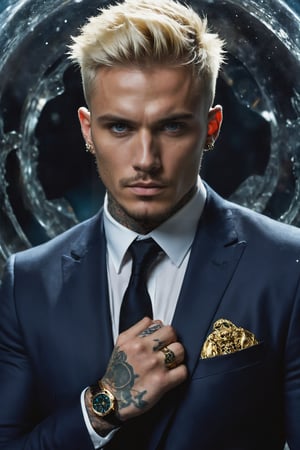  create a british gangster  tattoed neck , messy suit ,skull rings, golden rolex,blonde short hair , blue eyes, confident,serious expression, manly looking,symetrical size,,nsane details, dark background ,high details,monster,more detail XL,male,Movie Still,EpicLand,Film Still,photo r3al

he is trapped inside a snow globe

heavily tattooed,dark