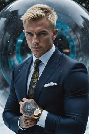  create a british gangster  tattoed neck , messy suit ,skull rings, golden rolex,blonde short hair , blue eyes, confident,serious expression, manly looking,symetrical size,,nsane details, dark background ,high details,monster,more detail XL,male,Movie Still,EpicLand,Film Still,photo r3al

he is trapped inside a snow globe, in the syle of james bond

heavily tattooed,dark