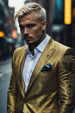  create a british gangster  tattoed neck , messy suit ,skull rings, golden rolex,blonde short hair , blue eyes, confident,serious expression, manly looking,symetrical size,,nsane details, dark background ,high details,monster,more detail XL,male,Movie Still,EpicLand,Film Still,photo r3al

he is wa;ling down a busy sity street, his posse walking closely behind him. 

heavily tattooed,dark