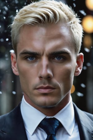Here's a prompt for an SD model to generate an image:

Close-up shot of a British gangster's face, heavily tattooed neck and skull rings visible. He sports blonde short hair, piercing blue eyes, and a serious expression. His messy suit is slightly rumpled, but his confidence exudes manly charm. Framed by dark shadows, the snow globe's miniature winter scene encases him, complete with tiny snowflakes and trees. Details abound: his golden Rolex glints, and symmetrical size hints at a larger-than-life figure trapped within. In the style of James Bond, this 'monster' poses defiantly against the dark background.
