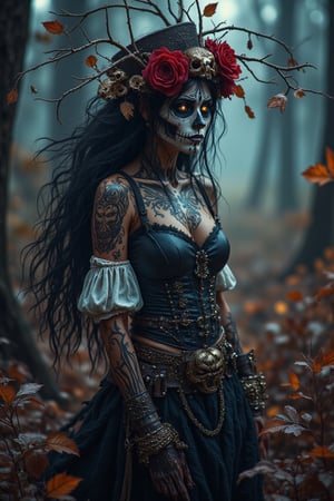 In an eerie, mist-laden forest, a spectral mexican woman stands with an expression that bridges melancholy and defiance, embodying both decay and delicate beauty. Her face is painted in a skeletal, Day of the Dead-inspired style, with hollowed, shadowed eyes, darkened lips extended by painted skeletal lines, and a deeply shaded nose, giving her a ghostly, hollowed look. A delicate spiderweb pattern decorates her forehead, as if woven by ancient spirits. Her gaze, dark and intense, is fixed on something beyond, as if contemplating the mysteries of life and death.

Her head is adorned with a twisted crown of dry branches interwoven with autumn leaves and small animal skulls, each symbolizing the cycle of nature and the inevitability of mortality. Strands of tattered fabric cascade down from her head like a veil, weathered and torn, suggesting a shroud of ancient burial or a connection to the ethereal world. Her long, flowing dark hair mingles with the threads, adding to her haunting allure. Her skin is tattooed with striking imagery—a large, ornate skull encircled by roses on her chest, merging life and death in a floral frame that hints at rebirth amidst decay. On her hand, skeletal tattoos trace the outline of bones, seamlessly blending with her painted visage, transforming her into a living embodiment of the underworld.

The backdrop is a thick, dim fog that blurs the outlines of distant trees, casting the forest in ghostly shades of blue and gray. Dried leaves fall around her, caught in an eternal autumn, with an atmosphere thick with forebodiIn a dark, intense setting, a fierce woman stands in a powerful, defiant pose, embodying both the spirit of Día de los Muertos and a bold warrior of the Old West. Her face is painted in the traditional sugar skull style, with one eye outlined in a dark circle and detailed patterns radiating across her cheek and brow. The black and white face paint contrasts dramatically with her piercing gaze, giving her an aura of mystery and rebellion. A single red rose adorns her black, wide-brimmed sombrero, which is embellished with silver studs that catch the faint light, hinting at her fusion of elegance and danger. Her long, black hair flows behind her, adding a sense of motion and freedom.

Dressed in a corset-like leather vest and rugged, off-shoulder white blouse, she reveals her tattoo-covered arms and back, each design showcasing intricate floral and vine motifs. Strapped across her body are leather holsters filled with bullets and adorned with metal details, adding to her formidable look as she wields two gleaming revolvers. Her skirt is a tattered, sheer black fabric that flutters as she moves, enhancing her otherworldly yet fierce appearance. Skulls and deep red roses surround her, both as tattooed symbols on her skin and as physical adornments in her setting, creating a mesmerizing juxtaposition of life, death, and beauty.

The background is cast in a deep, shadowy black, highlighting her figure and the intense red of the roses. These roses, vibrant and almost glowing, represent passion, love, and mortality, contrasting the starkness of the skulls they accompany. She stands as a guardian between worlds, embodying the spirit of vengeance, memory, and honor. Her expression is fierce, daring anyone to challenge her authority, as if she is a ghostly protector of forgotten souls or a vengeful spirit from beyond. The entire scene evokes the essence of a gothic Western mixed with the reverence of Mexican traditions, creating a surreal, timeless warrior who bridges life and death, the past and the present, standing defiant against the darkness.g and reverence. The muted colors and soft shadows surrounding her create a surreal, almost dreamlike quality, while the meticulous details of her tattoos and face paint evoke a sense of reverent artistry, as if each stroke was crafted in homage to the dead.

She is a shamanic figure, a mourner, a guardian of the threshold between the worlds of the living and the dead. Every element of her adornment—from her crown of branches and bones to her veil of decay—tells a story of loss, remembrance, and transformation. She exists in a realm where beauty and horror entwine, where life and death coexist, creating a haunting yet captivating vision of the afterlife. This image serves as a tribute to both mortality and the eternal spirit, inviting viewers into a world where death is not an end, but a passage into the unknown.