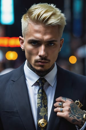  create a british gangster  tattoed neck , messy suit ,skull rings, golden rolex,blonde short hair , blue eyes, confident,serious expression, manly looking,symetrical size,,nsane details, dark background ,high details,monster,more detail XL,male,Movie Still,EpicLand,Film Still,photo r3al

he is wa;ling down a busy sity street, his posse walking closely behind him. 

heavily tattooed,dark