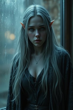 A melancholic elven woman with pale skin and long, flowing silver hair stands by a window, her downcast gaze and expression conveying deep sorrow. Her pointed ears protrude slightly through her straight hair, and her minimal, dark clothing barely covers her torso, contrasting her delicate features. The scene is bathed in muted, diffused light, casting soft shadows across the misty glass window. The atmosphere is somber, with muted tones of blue, gray, and brown dominating the palette, giving the impression of a rainy day or a moment of quiet reflection. The room feels cold and isolated, as the light reflects off the wet glass, adding to the sense of solitude. Her figure appears fragile, evoking emotions of sadness and vulnerability in this intimate, contemplative moment.