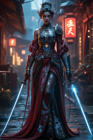 A futuristic geisha-samurai hybrid stands confidently in a neon-lit alleyway, blending traditional elegance with modern strength. The subject wears a flowing kimono infused with glowing neon circuits, intertwined with polished high-tech armor featuring holographic engravings of cherry blossoms and cranes. Her updo is adorned with luminous cyberpunk accessories as she holds a katana with a glowing energy blade. Neon lights reflect off her armor, highlighting the fusion of ancient tradition and cutting-edge technology.