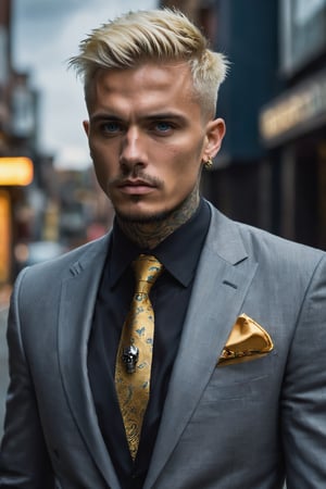  create a british gangster  tattoed neck , messy suit ,skull rings, golden rolex,blonde short hair , blue eyes, confident,serious expression, manly looking,symetrical size,,nsane details, dark background ,high details,monster,more detail XL,male,Movie Still,EpicLand,Film Still,photo r3al

he is wa;ling down a busy sity street, his posse walking closely behind him. 

heavily tattooed,dark