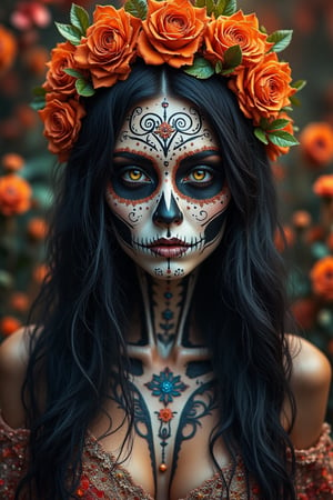 A striking female figure in traditional Day of the Dead makeup stares forward with a haunting intensity. Her face is intricately painted like a sugar skull, adorned with symmetrical floral patterns and delicate swirls in red, black, and blue. Her deep, dark eyes hold a mysterious allure, framed by a perfectly symmetrical design that highlights her cheekbones and the structure of her nose, enhancing her ethereal beauty. Long, flowing black hair cascades over her shoulders, smooth and lustrous, adding contrast to the stark white and black of her painted face. She wears a crown of orange roses with green leaves woven in, adding a burst of color and life that juxtaposes her skeletal face. Her attire is understated yet elegant, with hints of lace and floral designs visible near her collarbone. The background is a lush tapestry of vibrant, blurred flowers, giving the scene a sense of depth and richness, as if she is emerging from a garden of souls. The overall tone is reverent and mystical, blending themes of life, death, and remembrance into one captivating image.