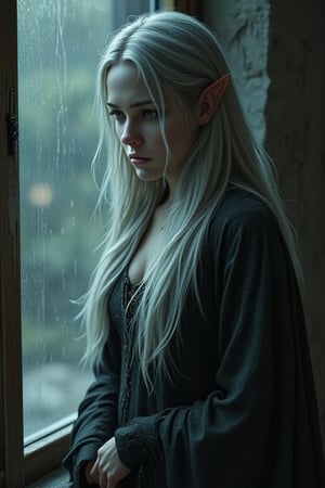 A melancholic elven woman with pale skin and long, flowing silver hair stands by a window, her downcast gaze and expression conveying deep sorrow. Her pointed ears protrude slightly through her straight hair, and her minimal, dark clothing barely covers her torso, contrasting her delicate features. The scene is bathed in muted, diffused light, casting soft shadows across the misty glass window. The atmosphere is somber, with muted tones of blue, gray, and brown dominating the palette, giving the impression of a rainy day or a moment of quiet reflection. The room feels cold and isolated, as the light reflects off the wet glass, adding to the sense of solitude. Her figure appears fragile, evoking emotions of sadness and vulnerability in this intimate, contemplative moment.