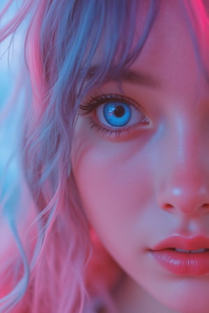 create me a close up image of a  beautiful japanese girl, he has the most stunning blue eyes, every detail showing UHD, 8K, she has pink and blue hair, and is standing in front of a pink and blue gradient background, she has shoulder length hair, a rounded nose, and a beautiful smile, every detail on her face is visible, even the pores