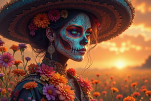 In a brilliant and dreamlike celebration of color, a woman adorned in traditional Día de los Muertos face paint stands amidst a cascade of vibrant flowers, embodying the spirit of the Day of the Dead. Her face is painted in an intricate sugar skull style with bold colors: deep blue eye sockets, sharp orange accents that sweep over her brows, and a carefully detailed black nose and mouth. Her lips are painted with skeletal teeth, extending in delicate lines that give her a joyful yet haunting smile. Above her brows, small floral motifs and dots accentuate her gaze, drawing attention to her serene, almost introspective expression.

A wide-brimmed, black sombrero frames her face, almost hidden by a profusion of flowers in vivid shades of red, orange, purple, and blue. These flowers spill over the brim and cascade down around her shoulders, creating a sense of blooming life that celebrates remembrance and renewal. The flowers appear to move with her, merging her with the natural world, as if she herself is an extension of the blossoms. Petals and stems intertwine in her hair and adorn her earrings, giving her a vibrant, earthy beauty that contrasts with her painted visage of death.

Behind her, the background is a burst of warm, fiery colors—a mix of rich oranges, yellows, and golds that resemble a sunset sky ablaze with light. The background seems almost like a watercolor painting, blending and blurring around her to create an ethereal, timeless atmosphere, as if she exists in a dream or another realm. Soft, warm light illuminates her from behind, casting her in an otherworldly glow and heightening the vibrant colors of her floral adornments, making her appear like a deity of the harvest or a guardian of the spirit world.

Surrounding her are more marigolds and daisies, symbols of remembrance and the fragile beauty of life. She seems both grounded and ethereal, a figure of unity between the realms of the living and the dead, celebrating memory, joy, and the cycles of life with grace and tranquility. Her gaze, peaceful and slightly melancholy, captures the essence of the Day of the Dead—a holiday that honors both loss and life, blending reverence with celebration. The scene radiates warmth, love, and an eternal sense of connection, inviting viewers to pause and reflect on the beauty of life’s transience and the enduring power of memory.