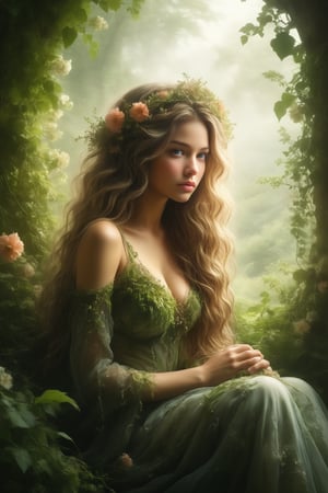 A majestic dryad sits serenely amidst a lush meadow, her long, flowing locks entwined with vibrant green vines. Her breasts, accentuated by the warm sunlight, are adorned with delicate flowers and a glittering hair ornament, creating a stunning display of cleavage. The plant girl's colored skin glows with a soft, natural light as she cradles a bouquet of verdant flora in her hands. In the background, a whimsical monster girl peers out from behind a curtain of foliage, adding an air of mystique to this idyllic scene.