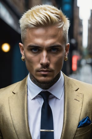  create a british gangster  tattoed neck , messy suit ,skull rings, golden rolex,blonde short hair , blue eyes, confident,serious expression, manly looking,symetrical size,,nsane details, dark background ,high details,monster,more detail XL,male,Movie Still,EpicLand,Film Still,photo r3al

he is wa;ling down a busy sity street, his posse walking closely behind him. 

heavily tattooed,dark