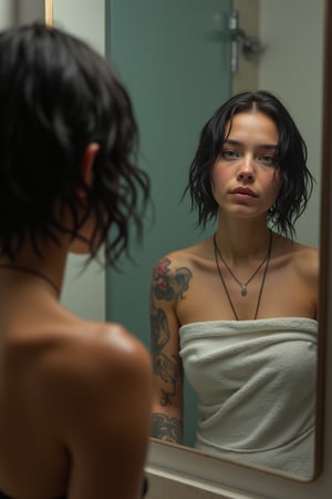 "Create an image featuring a tattooed, blonde-haired Caucasian man in his 20s with blue eyes and short hair, who has just stepped out of the shower. He is slightly out of focus in the background. In the foreground, his beautiful Japanese girlfriend is completely in focus, looking at her reflection in a fogged-up mirror. She has a slender frame and shoulder-length black hair styled in a bob cut with side-parted bangs. She is wrapped in a towel, her wet hair clinging to her neck, while the man's reflection is visible in the misty mirror behind her."