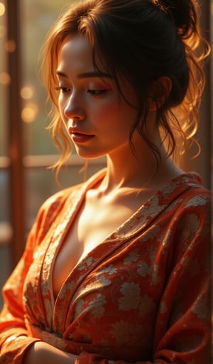 A tranquil Japanese woman, adorned in a stunning kimono, slowly unwinds, revealing tantalizing glimpses of her toned physique. Her delicate features and soft shoulders are bathed in warm, golden light as she hesitantly reveals herself. The 8K Raw image captures every nuance: the gentle curve of her belly button (1.2 cm), the intricate folds of the kimono, and the subtle vulnerability on her face. Framing showcases her profile, with soft focus on the surrounding environment, emphasizing her intimate atmosphere.