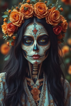 A striking mexican  female figure in traditional Day of the Dead makeup stares forward with a haunting intensity. Her face is intricately painted like a sugar skull, adorned with symmetrical floral patterns and delicate swirls in red, black, and blue. Her deep, dark eyes hold a mysterious allure, framed by a perfectly symmetrical design that highlights her cheekbones and the structure of her nose, enhancing her ethereal beauty. Long, flowing black hair cascades over her shoulders, smooth and lustrous, adding contrast to the stark white and black of her painted face. She wears a crown of orange roses with green leaves woven in, adding a burst of color and life that juxtaposes her skeletal face. Her attire is understated yet elegant, with hints of lace and floral designs visible near her collarbone. The background is a lush tapestry of vibrant, blurred flowers, giving the scene a sense of depth and richness, as if she is emerging from a garden of souls. The overall tone is reverent and mystical, blending themes of life, death, and remembrance into one captivating image.