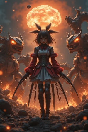 In a cinematic masterpiece, an incredibly powerful Anime Girl stands victorious amidst a backdrop of apocalyptic chaos. The framing is dramatic, with the girl's imposing figure dominating the center of the poster. Hideaki Anno's, Katsuhiro Otomo's, and Rumiko Takahashi's collaborative genius shines as monsters and mech creatures clash in a maelstrom of destruction. Nuclear explosions illuminate the darkened sky, casting an otherworldly glow on the action-packed scene. Every detail, from the girl's intricate costume to the 8K resolution, is meticulously crafted to transport viewers into this thrilling world of high-stakes combat.