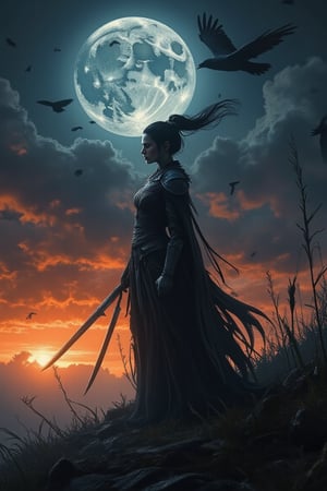 A lone japanese girl stands silhouetted against a striking sky, where the full moon hangs low, casting its light over a vivid gradient of orange and blue. The dramatic hues of the sky blend together, creating an ethereal atmosphere that exudes both beauty and tension. The figure's form is almost entirely consumed by shadow, but their stance radiates power and unwavering determination. In each hand, they hold a long blade, their edges glinting faintly in the moonlight, as though they’ve already tasted battle.

Their cloak, tattered and flowing, is caught in the unseen wind, adding a sense of movement to the otherwise still image. Below, the jagged, dark grass appears almost as an extension of the shadowed figure, as if the very ground is pulling them into the night. The full moon, large and luminous, watches over the scene like a silent observer, while the orange and blue sky gives the setting an otherworldly, almost apocalyptic feel.

The figure’s long hair, whipped by the wind, adds to the ominous silhouette, framing their head in wild, untamed strands that catch the soft moonlight. Behind them, a flock of dark birds—ravens, perhaps—takes flight, their forms sharp against the vibrant sky. The birds scatter into the twilight, their chaotic movements adding an eerie, foreboding energy, as if they are fleeing or perhaps summoned by the figure’s presence, like an omen of something dark to come.

The contrast between the glowing sky and the shadowed figure suggests a battle between opposing forces—light and darkness, day and night. Yet, in this scene, the light of the moon and the colors of the sky are not symbols of hope but of raw emotion, painting the atmosphere with an intense, almost otherworldly energy. The figure, faceless and shrouded in mystery, seems less human and more like a force of nature—relentless and unstoppable, standing on the brink of something monumental.

The entire scene feels like a moment suspended in time, charged with narrative tension. The orange and blue sky mirrors the figure’s purpose, reflecting an emotional landscape that speaks of power, isolation, and the anticipation of a pivotal event. It is a scene where beauty and danger coexist, with the full moon casting its gaze over a moment of impending significance, as if the world itself is holding its breath for what comes next.