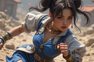 Chun-Li, Street Fighter, blue and white outfit with gold trim, action scene fighting pose, hyper-realistic illustration style, action scene art, in the style of Akira Yasuda, anime-inspired character design, detailed background elements, dynamic composition, high resolution, vibrant colors, high contrast, soft lighting, fluid motion, high energy, full-body portrait, strong facial expression, double-bun hairstyle --ar 1:2 --stylize 750 --niji 6, perfect hands