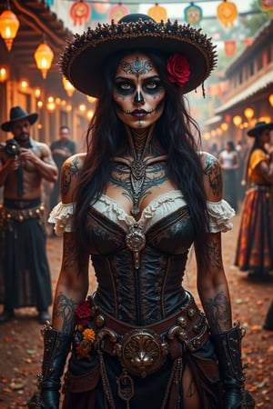 In the midst of a vibrant Day of the Dead festival, a fierce woman stands proudly, embodying both the elegance of Día de los Muertos and the bold, rugged spirit of a Western gunslinger. Her face is painted in traditional sugar skull style, with dark circles around her eyes and intricate floral and vine designs across her cheeks and forehead, enhancing her piercing, determined gaze. She wears a wide-brimmed black sombrero decorated with silver studs, the brim casting a shadow over her painted face, while a single red rose tucked into the hat contrasts vividly with her striking monochrome makeup. Her long, dark hair flows freely in the festive air, adding a sense of dynamic motion.

Surrounding her is a lively festival scene illuminated by hundreds of colorful marigold petals, strings of papel picado (intricately cut paper banners) in vibrant colors, and candlelit altars adorned with skulls, candles, and family photos. Festival-goers dressed in similarly elaborate costumes fill the background, creating a tapestry of faces painted with intricate calavera designs, while musicians play traditional Mexican folk songs on guitars and trumpets, adding a joyous, yet reverent soundtrack to the atmosphere.

Dressed in a corset-style leather vest and an off-shoulder white blouse that exposes her tattooed arms, she has an air of fierce independence. Her arms and shoulders are covered in floral and skeletal tattoos that echo the themes of life and death celebrated around her. She wears dual leather holsters across her waist, filled with silver bullets, and holds two polished revolvers, adding a sense of danger and authority to her festival presence. Her flowing black skirt, shredded and sheer, moves with the energy of the gathering, giving her a spectral, almost ethereal quality.

Red roses and vibrant marigolds are woven into the scene, symbolizing both passion and remembrance, while the candles flicker in tribute to the souls remembered on this night. Amid the joyous revelry, she stands as a solemn, protective figure, embodying the spirit of the Day of the Dead—a fierce guardian of tradition and memory. The scene is a fusion of gothic Western and Mexican celebration, capturing the duality of life and death, joy and reverence, as she watches over the festivities with pride and an unwavering gaze.