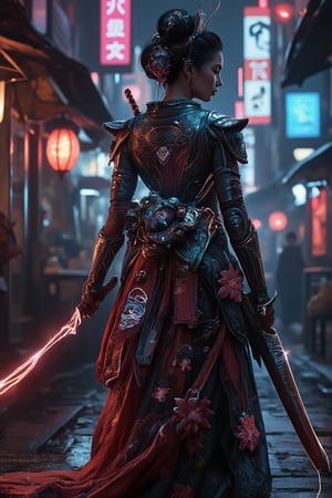 A beautiful Japanese girl stands confidently in a neon-lit alleyway, blending traditional elegance with futuristic strength. She wears a flowing kimono with intricate floral designs now infused with glowing neon circuits, intertwined with polished high-tech armor featuring holographic engravings of cherry blossoms and cranes. Her traditional updo is adorned with luminous cyberpunk accessories, as she holds a katana with a glowing energy blade. The city alleyway's vibrant lights reflect off her armor, highlighting the fusion of ancient tradition and cutting-edge technology in this striking, cyberpunk geisha-samurai hybrid.