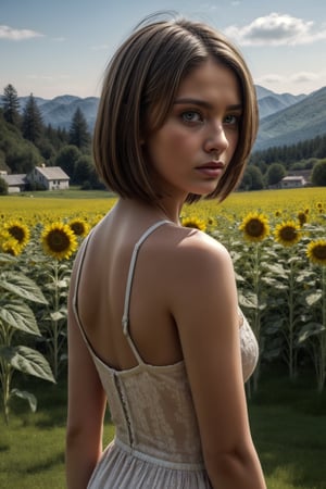 Create a female british gangster   white dress,   heavily tattooed, ,blonde short hair , blue eyes, confident,serious expression, womanly looking,symetrical size,,nsane details, dark background ,high details,monster,more detail XL,male,Movie Still,EpicLand,Film Still,photo r3al

she is standing in a sunflower field, a farmhouse in the background. 