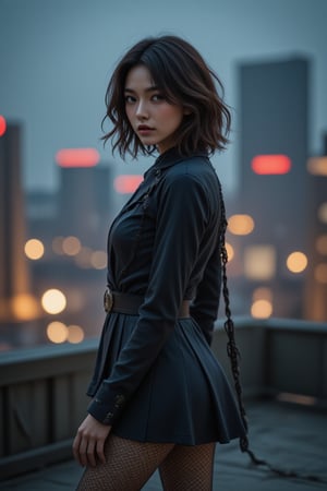 Digital artwork, concept art, a cyberpunk girl,  standing on rooftop with a dark dystopian city in the background, dynamic pose, fierce, comics style, extremely intricate, extremely detailed, ominous lighting, dramatic lighting, dark stormy night, shot with Hasselblad, long exposure