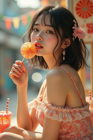 "A beautiful Japanese girl with flawless porcelain skin and a playful demeanor is wearing a revealing summer dress. The dress is light and airy, with a low neckline that shows a hint of cleavage, and the hemline is short, accentuating her long, slender legs. She holds a large, colorful lollipop in one hand, bringing it up to her lips as she takes a playful bite. Her shoulder-length black hair with soft bangs frames her face perfectly, and her expression is flirtatious yet sweet. The scene is set in a vibrant, sunny outdoor setting, with soft sunlight highlighting her radiant features, and the playful summer vibe surrounding her adds to the charm of the moment.",Fantasy detailers,FluxBoost