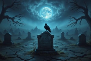 A haunting graveyard scene, shrouded in eerie twilight, unfolds under a cloudy, foreboding sky. Central to the image is an ancient, moss-covered gravestone, worn by time and etched with indecipherable inscriptions that hint at lost souls and forgotten memories. Perched atop this weathered stone, a lone raven sits ominously, its beady, intelligent eyes shining with an unnatural blue gleam that pierces through the gloom. The raven's feathers are a deep, glossy black, glinting subtly as they catch the faint light filtering through the thick clouds above, enhancing its foreboding presence.

The ground is cracked and parched, revealing a desolate earth beneath, as if life itself has been drained from the land. The parched, fractured soil stretches across the cemetery, broken and dry, like veins on withered skin, adding a sense of decay and desolation to the scene. Scattered tombstones, some leaning and eroded, fade into the foggy background, their shapes softened by mist, each stone seeming to tell its own tale of loss and sorrow.

In the background, skeletal, leafless trees reach their twisted branches toward the darkened heavens, resembling tortured hands clawing toward salvation or revenge. These gnarled trees frame the composition, casting long, spindly shadows across the cracked earth, and add a sense of depth, making the cemetery appear as if it stretches endlessly into the fog. The dark blue-gray clouds above are dense and turbulent, layered and shifting, suggesting an approaching storm or supernatural disturbance. Overall, the atmosphere is one of chilling stillness, a place forsaken by light and hope, where nature and time conspire to evoke a profound, unsettling melancholy.