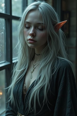 A melancholic elven woman with pale skin and long, flowing silver hair stands by a window, her downcast gaze and expression conveying deep sorrow. Her pointed ears protrude slightly through her straight hair, and her minimal, dark clothing barely covers her torso, contrasting her delicate features. The scene is bathed in muted, diffused light, casting soft shadows across the misty glass window. The atmosphere is somber, with muted tones of blue, gray, and brown dominating the palette, giving the impression of a rainy day or a moment of quiet reflection. The room feels cold and isolated, as the light reflects off the wet glass, adding to the sense of solitude. Her figure appears fragile, evoking emotions of sadness and vulnerability in this intimate, contemplative moment. --ar 1:2 --stylize 750 --v 6