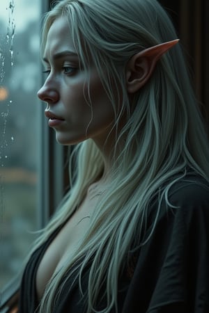 A melancholic elven woman with pale skin and long, flowing silver hair stands by a window, her downcast gaze and expression conveying deep sorrow. Her pointed ears protrude slightly through her straight hair, and her minimal, dark clothing barely covers her torso, contrasting her delicate features. The scene is bathed in muted, diffused light, casting soft shadows across the misty glass window. The atmosphere is somber, with muted tones of blue, gray, and brown dominating the palette, giving the impression of a rainy day or a moment of quiet reflection. The room feels cold and isolated, as the light reflects off the wet glass, adding to the sense of solitude. Her figure appears fragile, evoking emotions of sadness and vulnerability in this intimate, contemplative moment. --ar 1:2 --stylize 750 --v 6