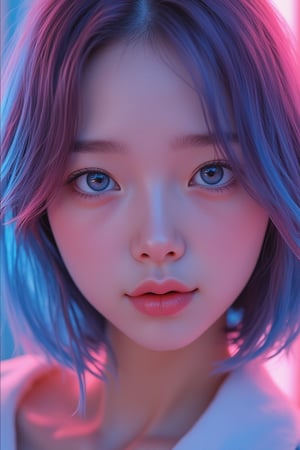 create me a close up image of a  beautiful japanese girl, he has the most stunning blue eyes, every detail showing UHD, 8K, she has pink and blue hair, and is standing in front of a pink and blue gradient background, she has shoulder length hair, a rounded nose, and a beautiful smile, every detail on her face is visible, even the pores